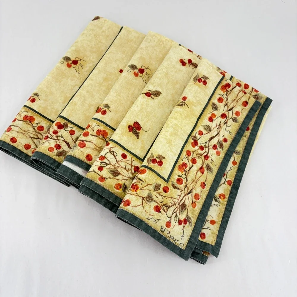 Park Designs Pat Fischer Bittersweet Berry Cotton Napkins Set of 5 Cream Green